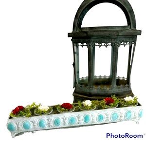 Mantle or Table White Wash Long Metal Centerpiece with Moss & Florals Vintage